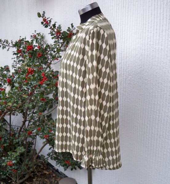 Olivgrön Beige Mönstrad Blus Lång Ärm