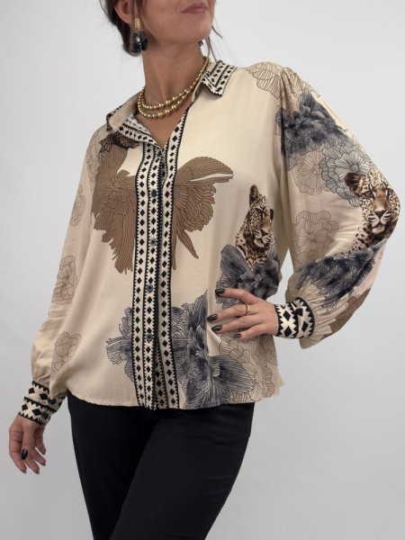 BeigeMönstrad Viskosblus Med Lång Ärm